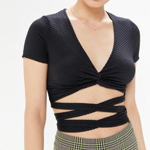 BLACK urban outfitters tasha short sleeve wrap around tie twist front crop top